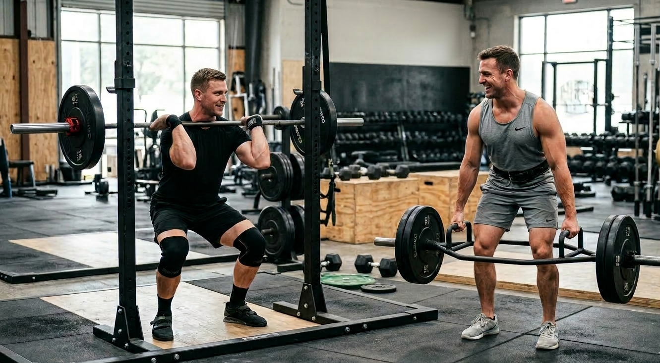 Zwei Männer nutzen einen Langhantel Test um im Gym die richtige Langhantel zu verwenden