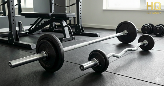 SZ oder Langhantel: beide Stangen liegen in einem Homegym nebeneinander 