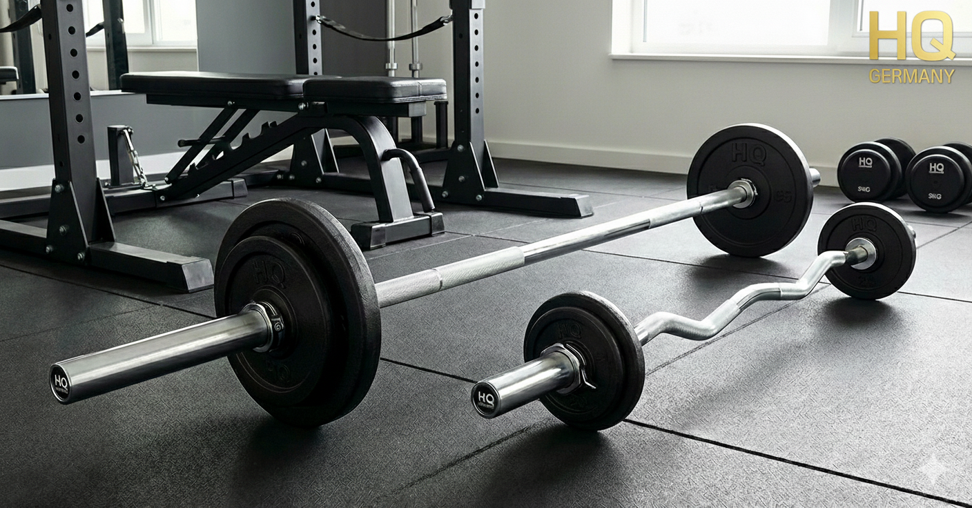 SZ oder Langhantel: beide Stangen liegen in einem Homegym nebeneinander 